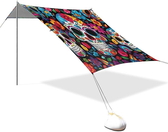 ALAZA Sugar Skull Day of Dead Beach Tent Sun Shelter UPF50+ Protection Beach Shade Canopy w/ 4 Sandbags for Outdoor Camping Fishing Backyard Fun Picnic 10x9 ft