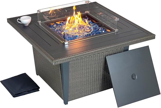 42 Inch Propane Gas Fire Pit Table 50000 BTU Square Aluminum Outdoor Fireplace with CSA Certification Lid Glass Wind Guard &amp Waterproof Cover Gray Rattan 2-in-1 Fire Table for Patio Garden