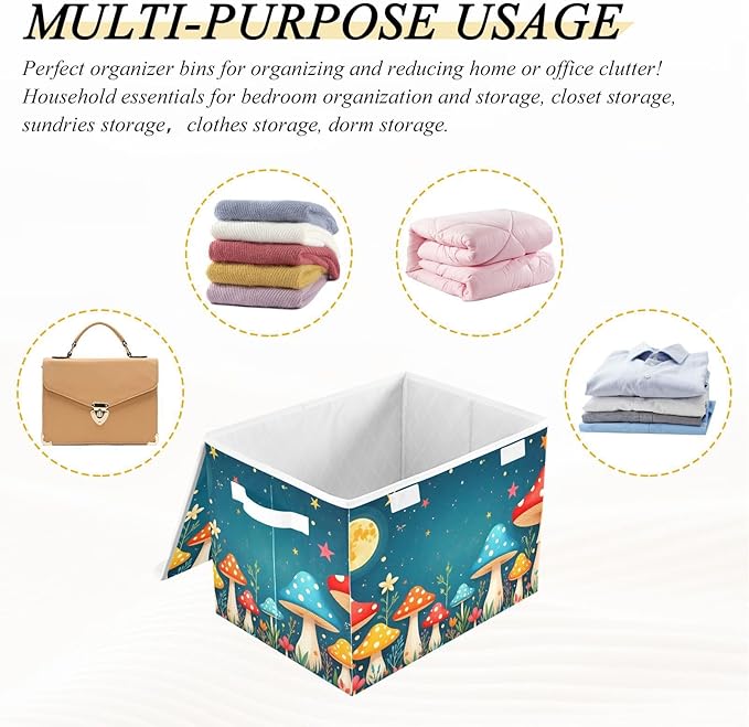 Storage Cube with Lid Night Mushroom Cartoon Print 16.5×12.6×11.8 IN Collapsible Large Capacity Foldable Storage Basket Bin Organizer