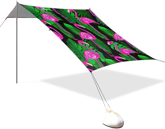 Flamingo Beach Canopy Sun Shelter with Sandbags &amp Sand Shovel &amp Windproof Ropes - Portable 110x126 Beach Shade Beach Tent for Camping Picnics