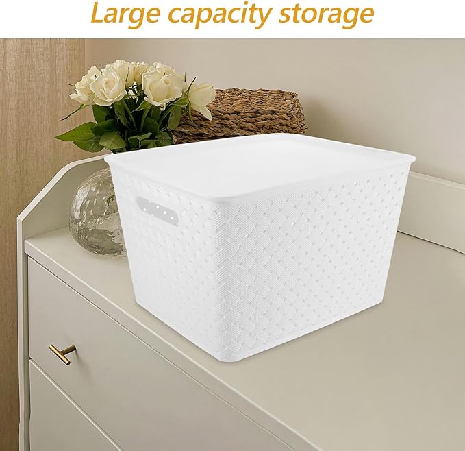 Plastic Storage Bins White Organizer Basket with Lid and Handles Woven Design Storage for Pantry Shelves Closet Playroom Classroom and Office