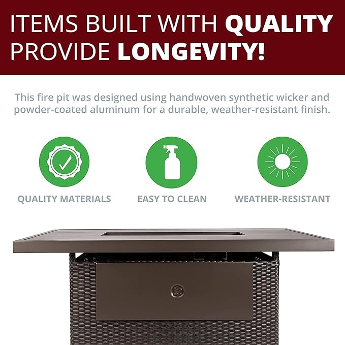 52Inch Patio Fire Pit Table 50000 BTU Rectangular Propane Gas Firepit Rust-Free Aluminum Frame &amp All-Weather Wicker 2-in-1 Firepit Dining Table with Glass Guard &amp Cover for Deck Garden B