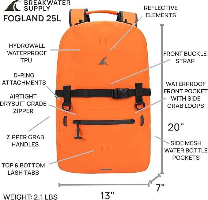 Breakwater Supply™ Fogland Waterproof IP68 Submersible Backpack | Laptop Sleeve &amp Airtight Zippers for Outdoors Travel Boating Kayaking Commute Floating Dry Bag Unisex TPU (Safety Orange 2