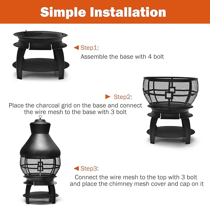 Giantex Wood Burning Chiminea Heavy Duty Fireplace Chiminea Wooden Fire Pit with 2-Piece Log Grate Premium Rain Cap &amp Fire Poker 360°Fire Retardant Mesh Cover Ideal for Garden Patio Backyard
