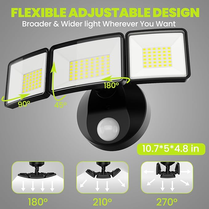 7500LM LED Security Light Motion Sensor Outdoor Lights Adjustable 3 Head Hardwired LED Flood Lights Outdoor IP66 Waterproof 38W Motion Detected Lights for Outside House Garage Yard
