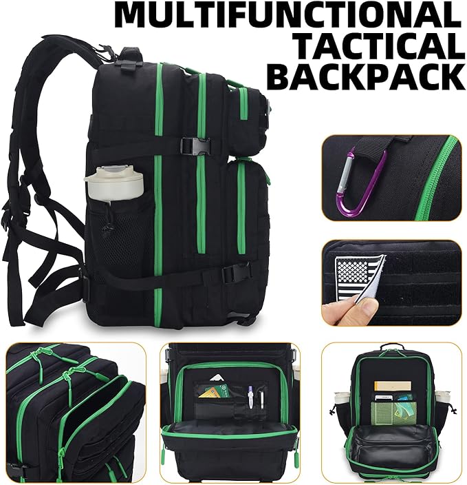 Lovelinks21 25L Tactical Military Backpack Small Travel Rucksack for Men and Women Assault Pack Bug Out Bag Molle Daypack Gym Backpack with Bottle Holder (Black Neon Green)