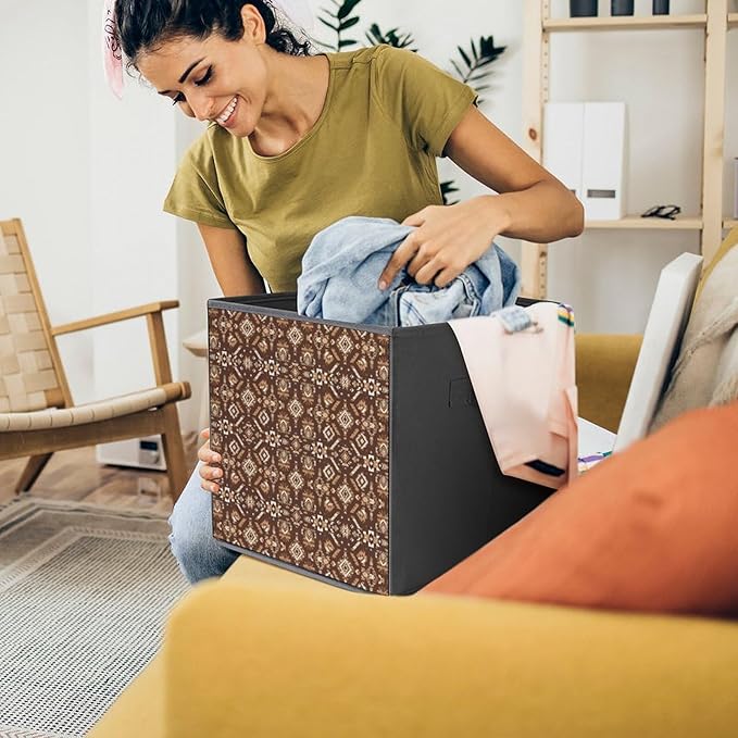 Space-Saving Fabric Storage Cubes Aztec Native American Southwestern Boho Brown Collapsible Baskets with Handles Stylish Storage Solution for Home