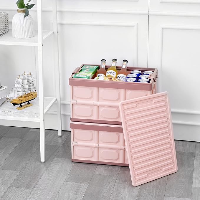 Pink Collapsible Storage Bins with Lids 2-Pack Folding Plastic Stackable Utility Crates 30L Durable Containers for Home &amp Garage Organization