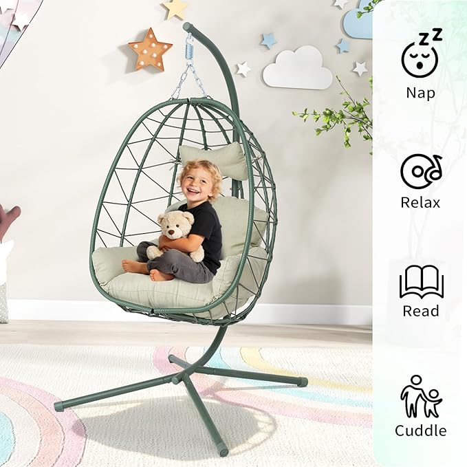 Hanging Egg Chair with Stand Outdoor Indoor Patio Rattan Swing Hammock Chairs with Washable Cushion PE Wicker Swing Chair for Backyard Bedroom Garden (Dark Green + Cyan Cushion No Footrest)