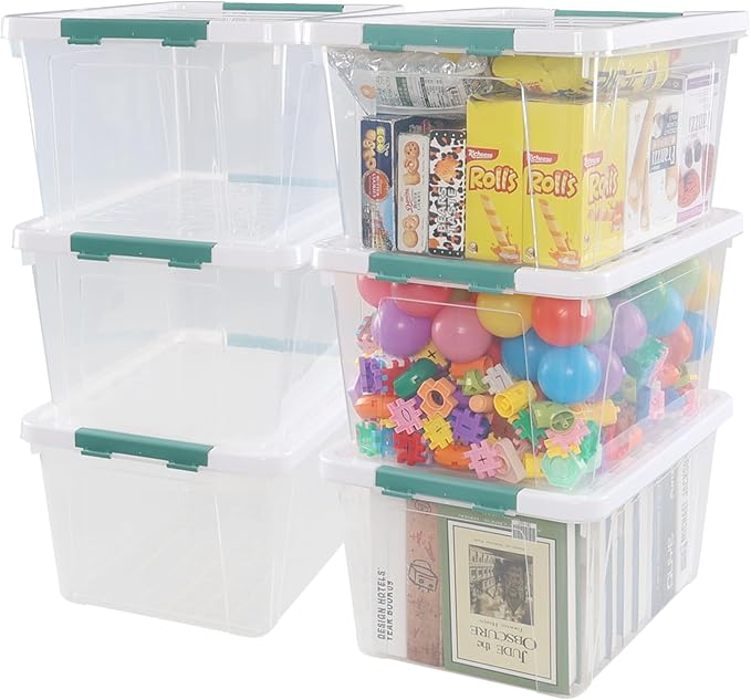 Yuright 6 Pack 35 Quart Latching Storage Bin Plastic Storage Box with Lid Clear