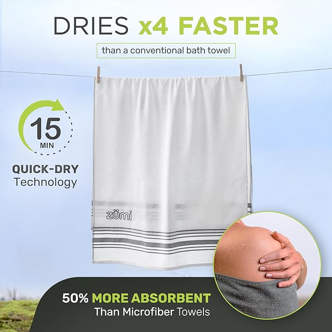 Zumi 100% Cotton Quick Dry Large Travel Towel - Soft Thin Compact Highly Absorbent Lightweight Camping Towel for Beach Gym Bath Shower Swimming Dorm RV - White