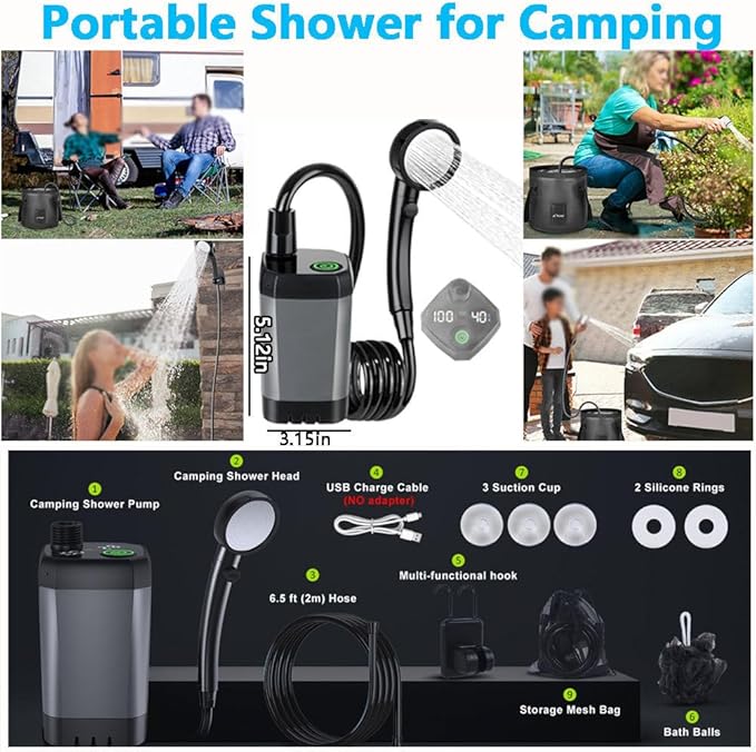 Portable Shower for Camping 6000mAh Rechargeable Camping Shower with Intelligent Digital Display 3 Spray Modes Outdoor Camp Pump Camping Shower Pump for Hiking Travel Car Pet Grey6000mAh