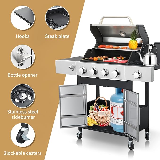 4 Burner Propane Gas Grill with Side Burner &amp Porcelain-Enameled Cast Iron Grates &amp Grids 46790BTU Output Stainless Steel BBQ Grill for Outdoor Cooking Camping Barbecue Grill for Patio