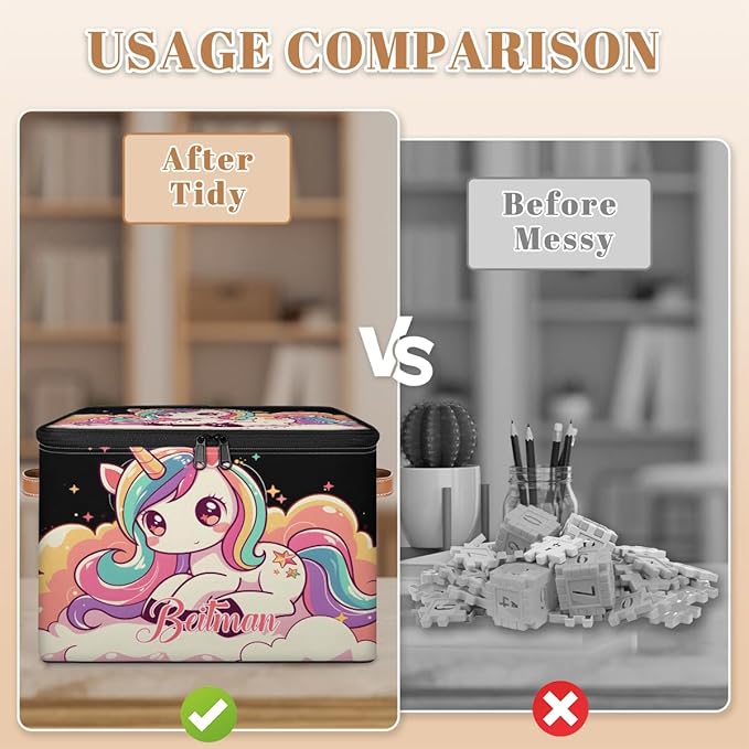 Storage-Bins with Lids Handle Customized Stackable-Storage-Bin for Kids-Boys-Girls-Toys Cube Collapsibl Basket Unicorn Black