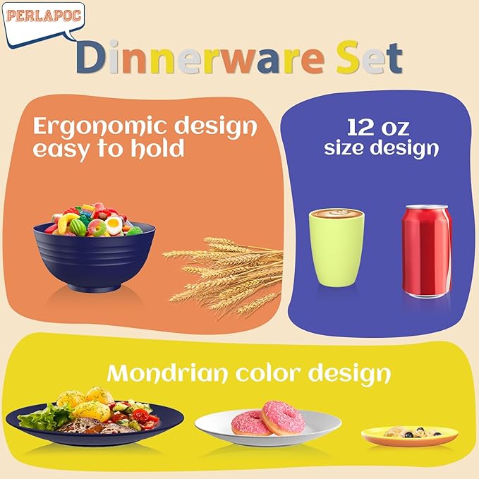 Wheat Straw Dinnerware Sets 40 PCS - Dishes Set for 8 Unbreakable Plates and Bowls Sets with Cups Dishwasher &amp Microwave Safe Lightweight Dinnerware for Kitchen Camping RV - Mondrian Colors