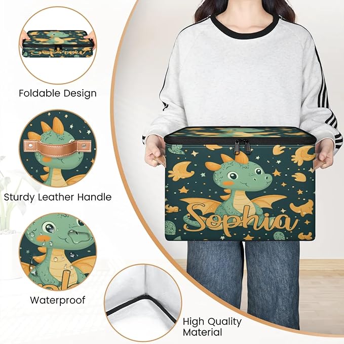 Custom Storage Basket with Name Personalized Storage Bins with Zipper Lid Foldable Fabric Storage Box Large capacity with Handle Dinosaur Star