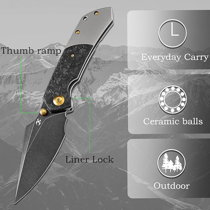 KANSEPT Fenrir Pocket Knife 3.48 Blackwash CPM S35VN Harpoon Blade Titanium Handle Shred Carbon Fiber Inlay Thumb Stud &amp Liner Lock with Deep Clip EDC Knives for Camping Hunting Survival K1034