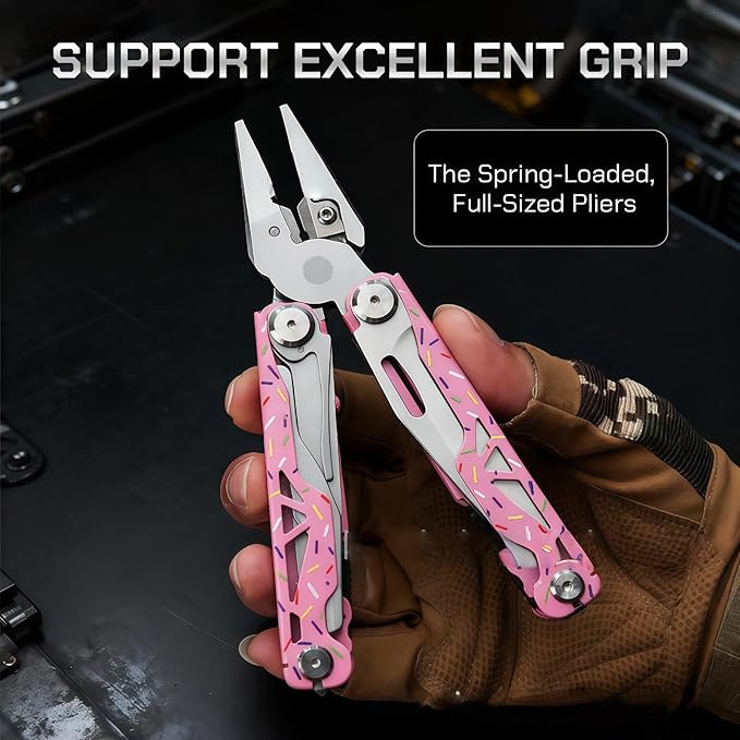 Multitool 15-in-1 Full-Size Lightweight EDC Multi-Purpose Pliers Nylon Bag Camping Knives &amp Tools Tactical Outdoor Gear Mens Gifts Ideas Gifts for Hunters Men who have Everything (Pink)