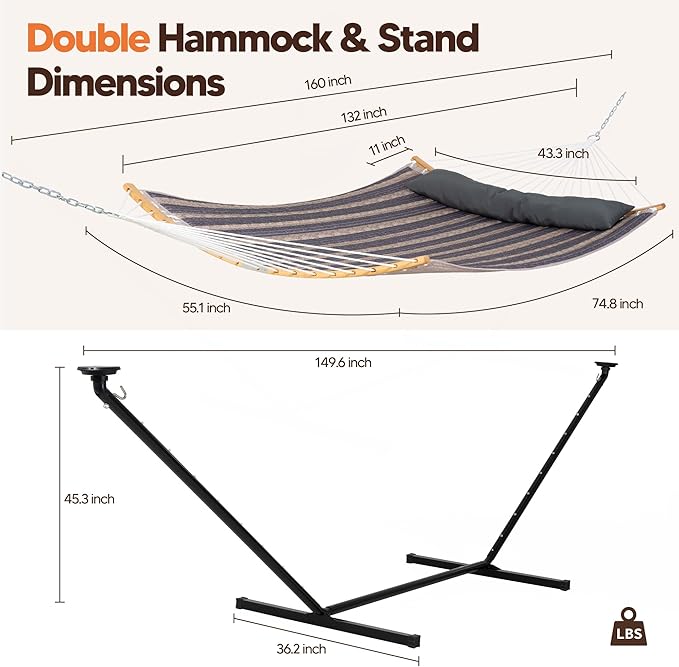 SUNCREAT Double Outdoor Hammock with 12 ft Stand Stand Alone Hammock with Solar Powered Lights Gray Stripes