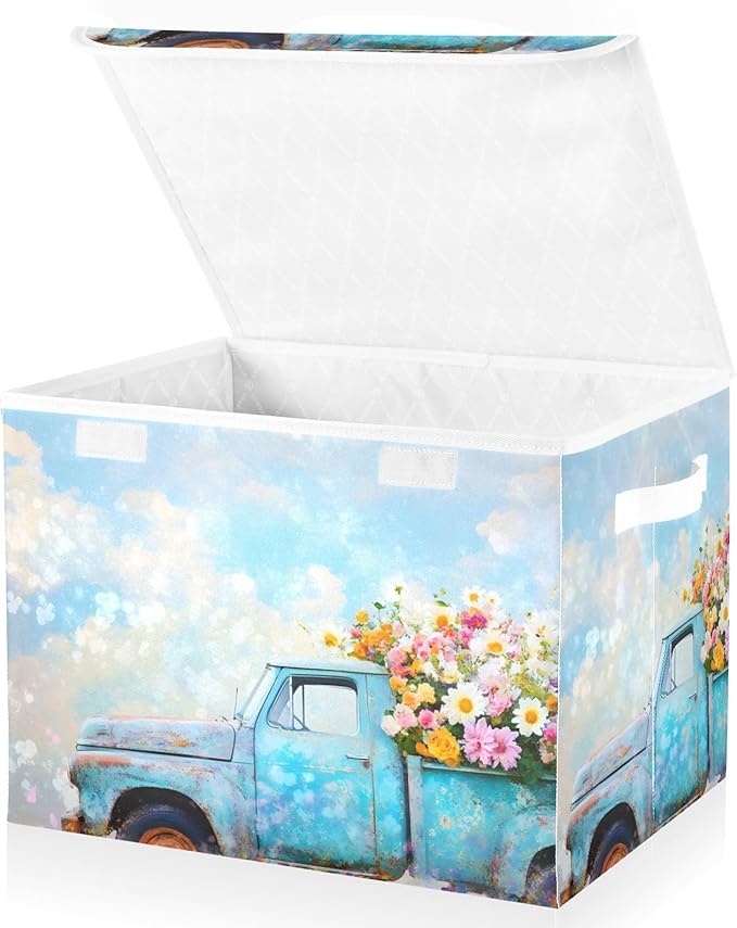 AIXIWAWA Lidded Storage Cube (Flower Truck) Fabric Foldable Closet Bins with Flip Lid and Handles Organizer Basket Container 16.5 x 12.6 x 11.8 IN