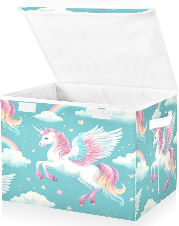 Cartoon Unicorns Rainbow Star Collapsible Storage Bins with Lids Decorative Fabric Cubes Closet Organizer Basket Boxes Containers for Clothes Box Chest Folding Rectangle
