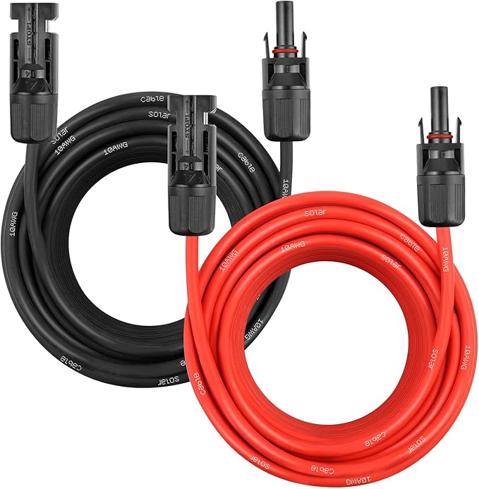 Solar Panel Extension Cable - 10AWG 50FT Solar Wire Cord 10 Gauge PV Wire with Female &amp Male Waterproof Connector for RV Photovoltaic Systems Home Boat Solar Panels Car(50ft Red + 50ft Black)