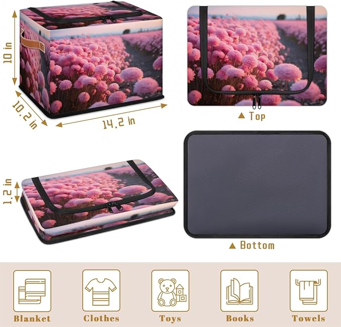 KOBLEN Pink Floral Print Storage Basket Collapsible Rectangular Storage Bins with Zipper Lid Handle Closet Shelf Cloth Organizer Basket for Nursery Bedroom Clothes Toy