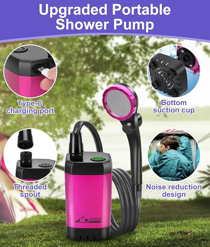WADEO Portable Shower for Camping 6000mAh Outdoor Electric Shower Rechargeable Pump with Intelligent Digital Display Camping Shower Head Nozzle for Camping Hiking Traveling Washing