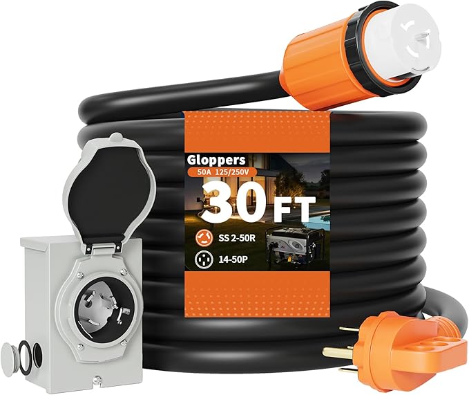 50 Amp Generator Cord and Power Inlet Box 30FT 50 Amp 125V/250V STW 6/3+8/1 AWG Pure Copper Generator Extension CordNEMA 14-50P Male to SS2-50R Twist Locking Connector ETL Listed