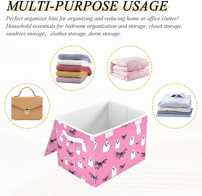 Cute Halloween Bats Storage Cube Bins Basket with Lid Collapsible Flip-top Fabric with Handle for Home Bedroom Closet Office 16.5×12.6×11.8 in