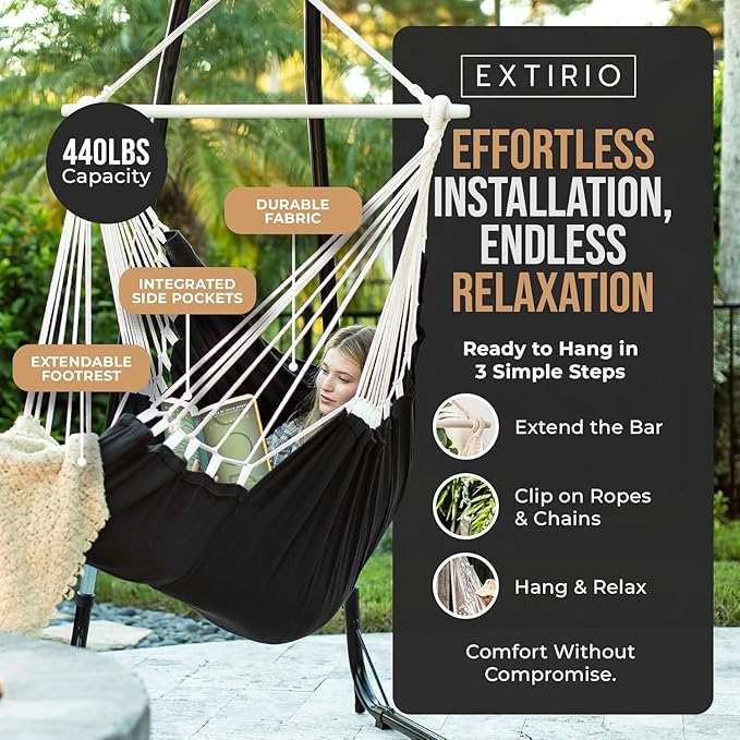 Hanging Hammock Chair Swing – Hanging Chair Outdoor &amp Indoor - Hammock Swing Chair – Quick &amp Easy Setup with Hardware Kit – Durable &amp Spacious Full Body Support with 2 Plush Cushions – Hol