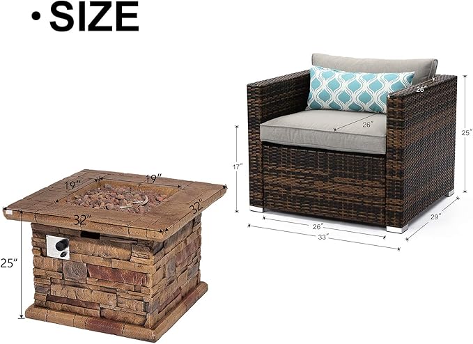 COSIEST 5-Piece Faux Brown Propane Fire Pit Outdoor Furniture Brown Chairs Warm Gray Wicker Thick Cushion Sofa w 32-inch Square Propane Fire Table (50000 BTU) for Garden Pool Backyard