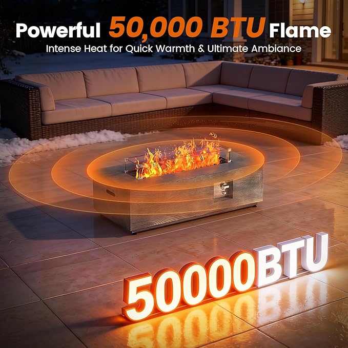 SUNPEAK 42 Rectangular Propane Fire Pit Table 50000 BTU Fireplace Table with Wind Guard Lid Rocks and Cover - Fire Pits &amp Outdoor Fireplaces - Gas Fire Pits for Outside Patio (Charred Oak 42