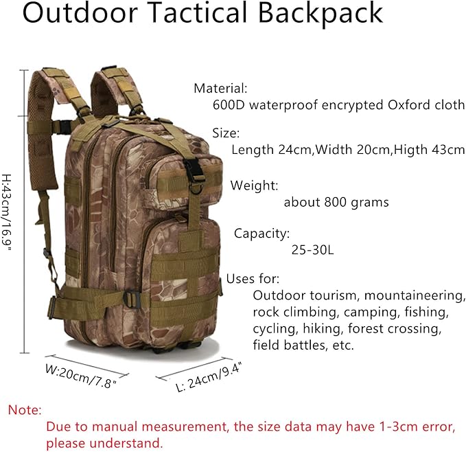 Tactical Backpack for Men 30L Small Outdoor Army Backpacks Military Rucksack Molle Bag for Sports Camping Hiking Trekking Fishing Hunting