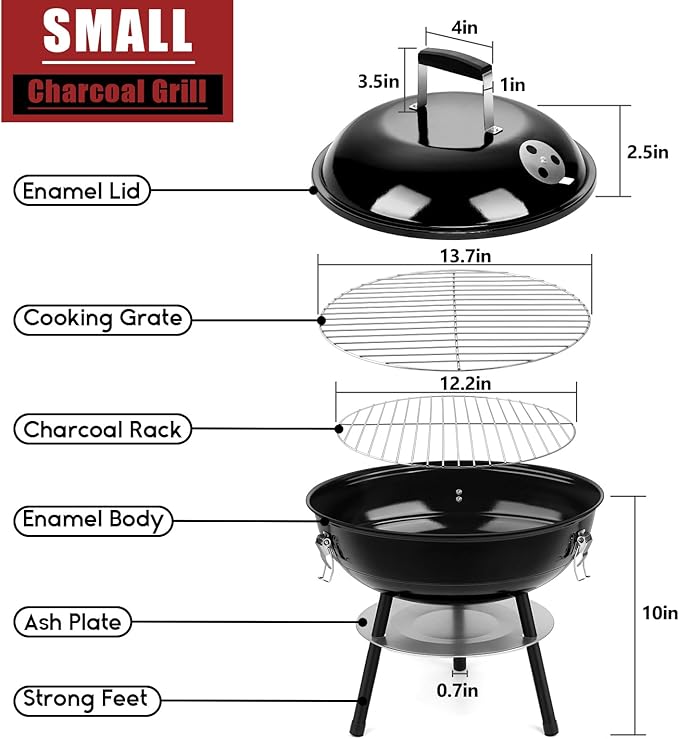 HaSteeL 14 Inch Charcoal Grill Small Black Enamel Outdoor BBQ Grill Mini Flat Top Kettle Barbecue Grill with Screwdriver Portable for Backyard Garden Camping Cooking Smoking Dual Venting System