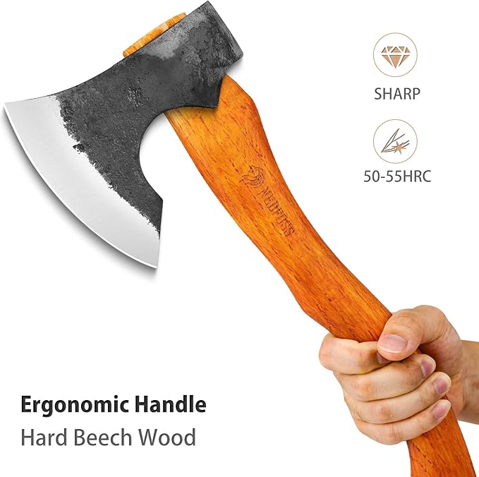 NEDFOSS Mammoth Camping Hatchet Axe 15.5 Hand Forged Splitting Axe Outdoor Wood Splitting Chopping Tool High Carbon Steel &amp Wooden Handle Bushcraft Survival Axe with Leather Sheath for Men Wome
