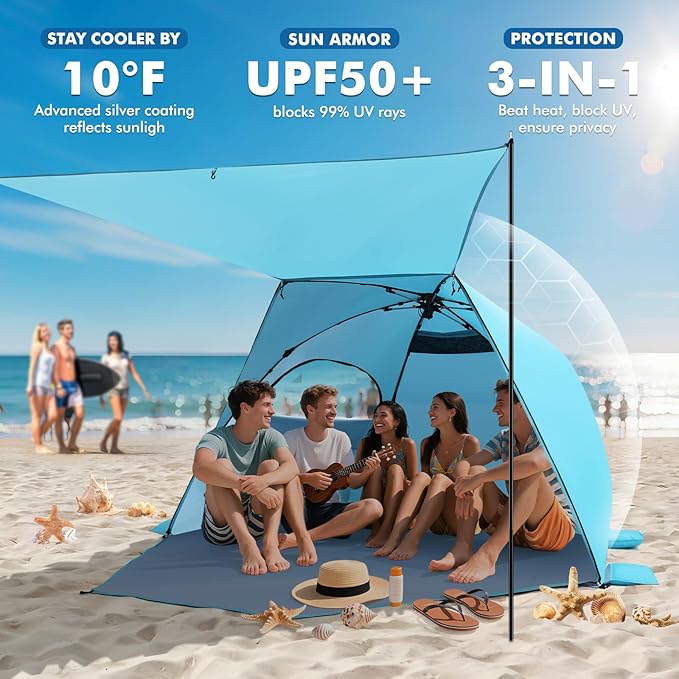 Elegear CumbreX™ Beach Tent with Canopy 4-6 Person 1-Second Umbrella-Style Setup Pop Up Sun Shelter Shade UPF 50+ UV Protection Four-Layer Silver-Coated Lightweight Portable Beach Cabana - Aqua Blue