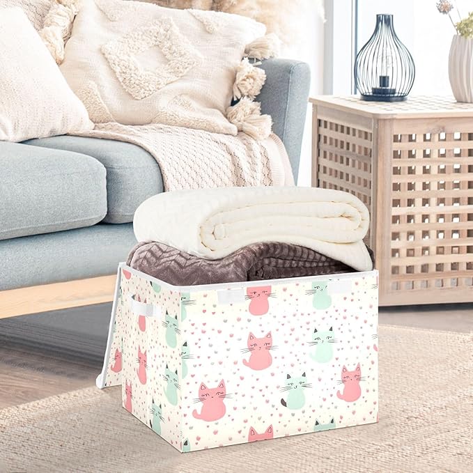Storage Cube with Lid Cute Cat Print 16.5×12.6×11.8 IN 1 Pack Collapsible Large Capacity Foldable Storage Basket Bin Organizer