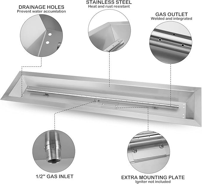 Stanbroil 36 by 6-Inch Drop-in Linear Fire Pit Burner 304 Stainless Steel Natural &amp Propane Gas Firepit Insert for Fire Pit Table Indoor Outdoor 65000 BTU Max
