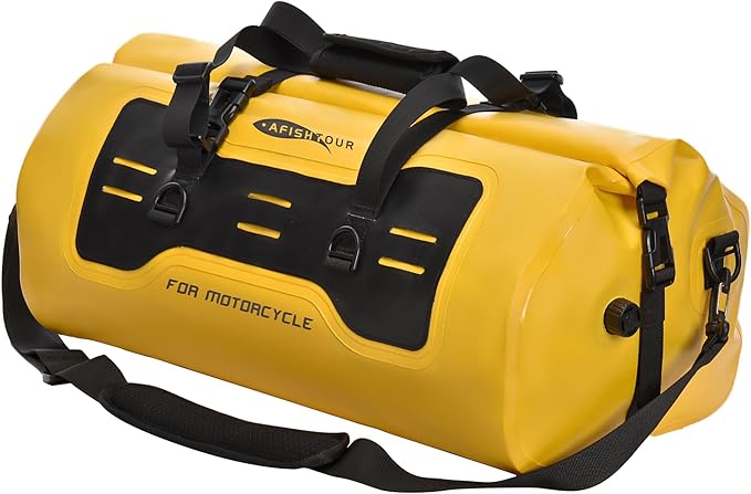 40L Waterproof Motorcycle Duffel Bag - Motorcycle Luggage Tail Bag with Straps for Back Seat - Roll Top Dry Bag for Kayaking Rafting Boating Camping Travel Beach (Yellow)