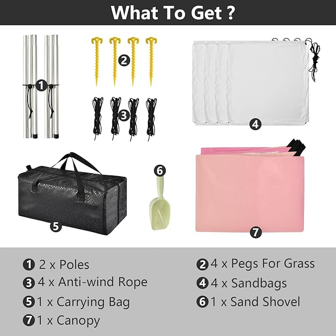 Pink Gradient Foldable Beach Cabana UPF50+ Protection Water-Resistant Large Sun Shelter Includes Sand Shovel Sandbags Stability Poles for Camping Picnics Backyard