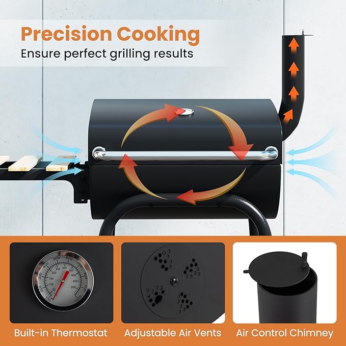 Giantex Portable Charcoal Grill with Foldable Side Table Outdoor BBQ Smoker Grill with Wheels Thermometer Adjustable Air Vent Bottom Shelf Barrel Barbecue Grills for Patio Camping &amp Tailgate