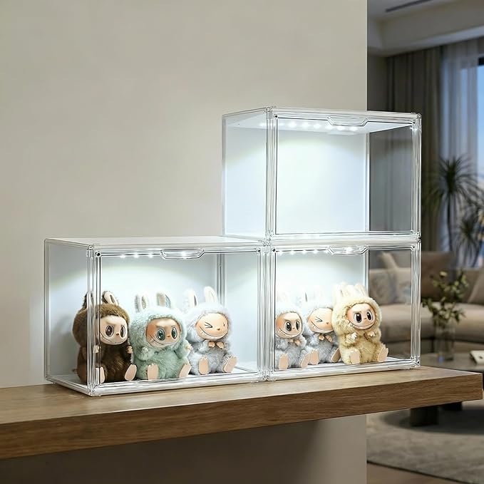 GUDEMAY Clear Acrylic Display Case with Light Dustproof Stackable Showcase for Collectibles Figures Shoes Toys &amp Jewelry - Plastic Storage Bins Support Voice Control Lighting