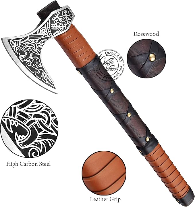 Hand-Forged Engraved Viking Axe of Ragnar Lothbrok Hunting Axe Handmade Camping Axes Hatchet-Norse Axe Tomahawk Vikings Bearded Axes with Leather-Wrapped Handle &amp Sheath (AXE-12)