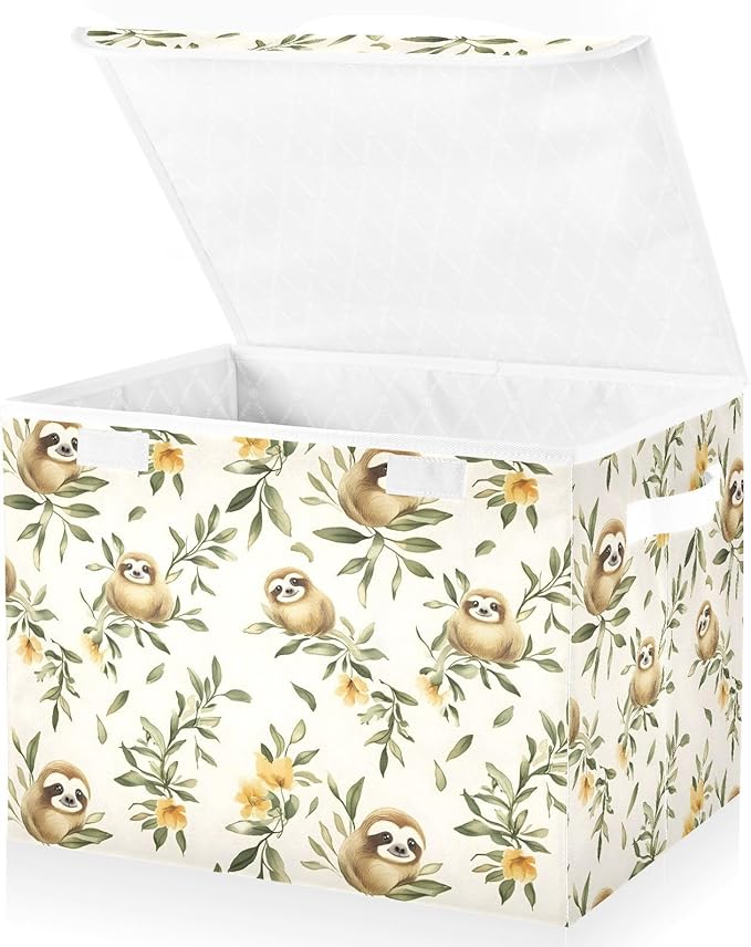 Sloth Floral Storage Cube Bins Basket with Lid Collapsible Flip-top Fabric with Handle for Home Bedroom Closet Office 16.5×12.6×11.8 in