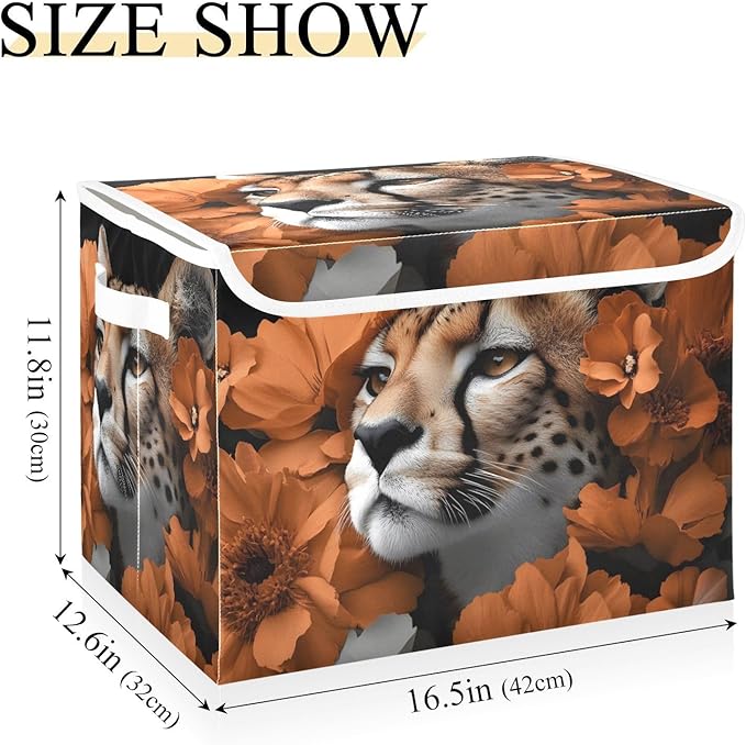 AIXIWAWA Lidded Storage Cube (Cheetah Flower) Fabric Foldable Closet Bins with Flip Lid and Handles Organizer Basket Container 16.5 x 12.6 x 11.8 IN