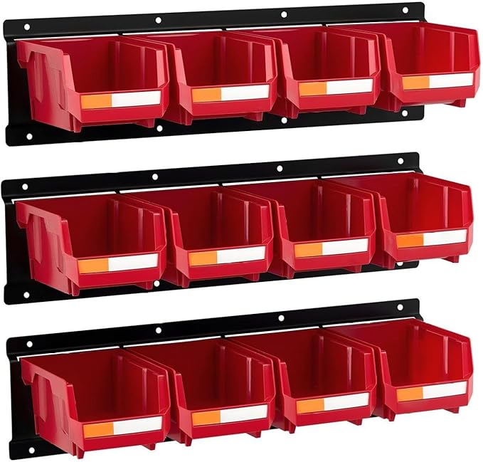 Wall Mounted Tool Organizer 12 Bins &amp 3 Rails - Hardware Storage for Garage Workshop Craft Room - Red Stackable Parts Bins