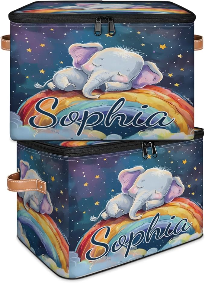 Custom Storage Basket with Name Personalized Storage Bins with Zipper Lid Foldable Fabric Storage Box Large capacity with Handle Elephant Rainbow