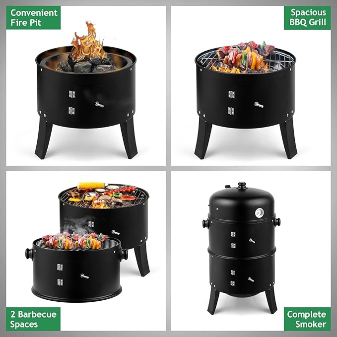 31.5 Vertical Steel Charcoal Smoker GrillHeavy Duty BBQ GrillsOutdoor Camping Backyard Barbecue GrillMetal Barbecue Smokerswith Thermometerfor Patio Garden Beach Porch Lawn Yard (Black)