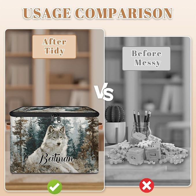 Storage-Bins with Lids Handle Customized Stackable-Storage-Bin for Kids-Boys-Girls-Toys Cube Collapsibl Basket Trees Wolf